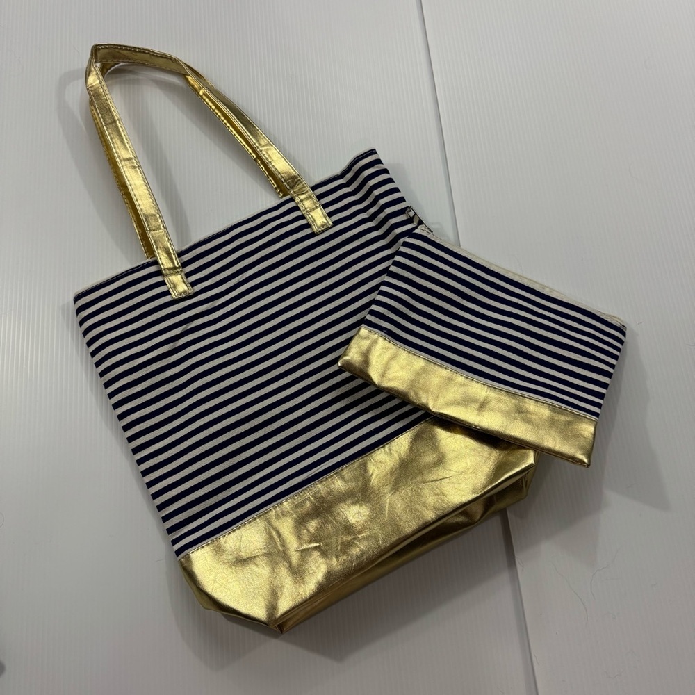 15. NWOT Gold & Blue Striped Tote Set